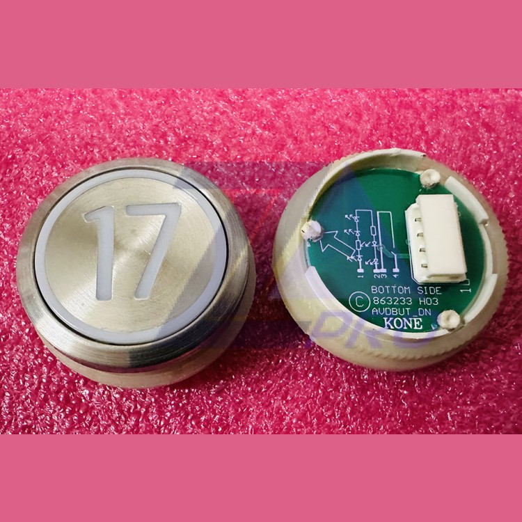 Кнопка приказа "17" круглая, серебристая поверхность, AVDBUT, красная подсветка, KM863050G005H017 Kone