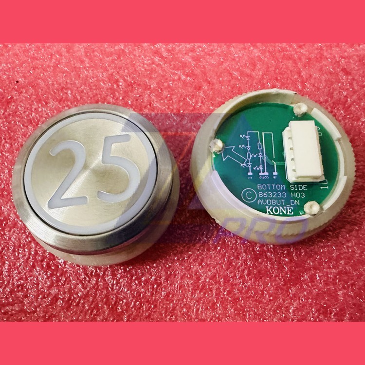 Кнопка приказа "25" круглая, серебристая поверхность, AVDBUT, красная подсветка, KM863050G005H025 Kone