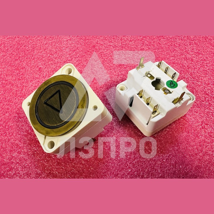 Кнопка вызова круглая "стрелка" (толкатель шлиф. латунь, синяя подсветка) Thyssen